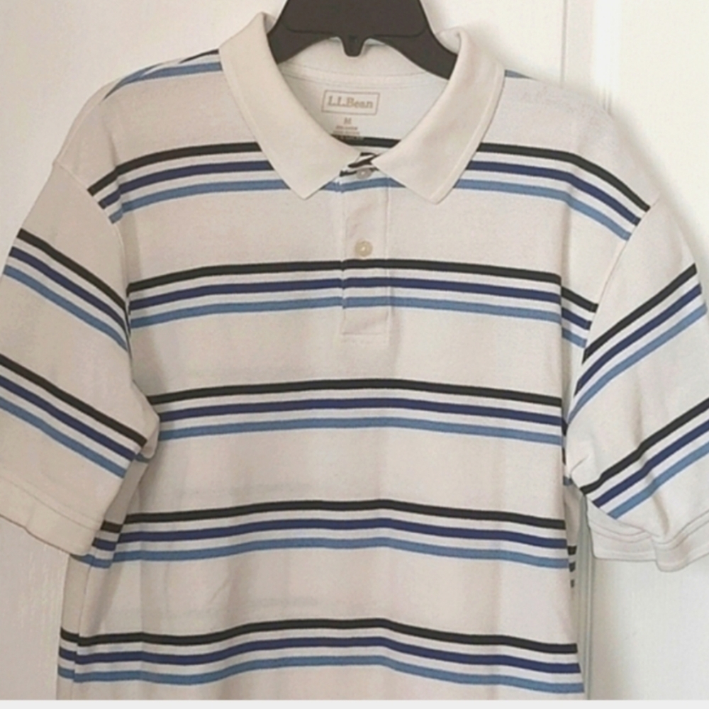 L.L Bean Striped Cotton Pique Polo Shirt. Blue/White. Size Medium. Like New